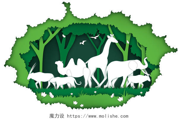 世界动物日插画JPG剪纸卡通森林风景